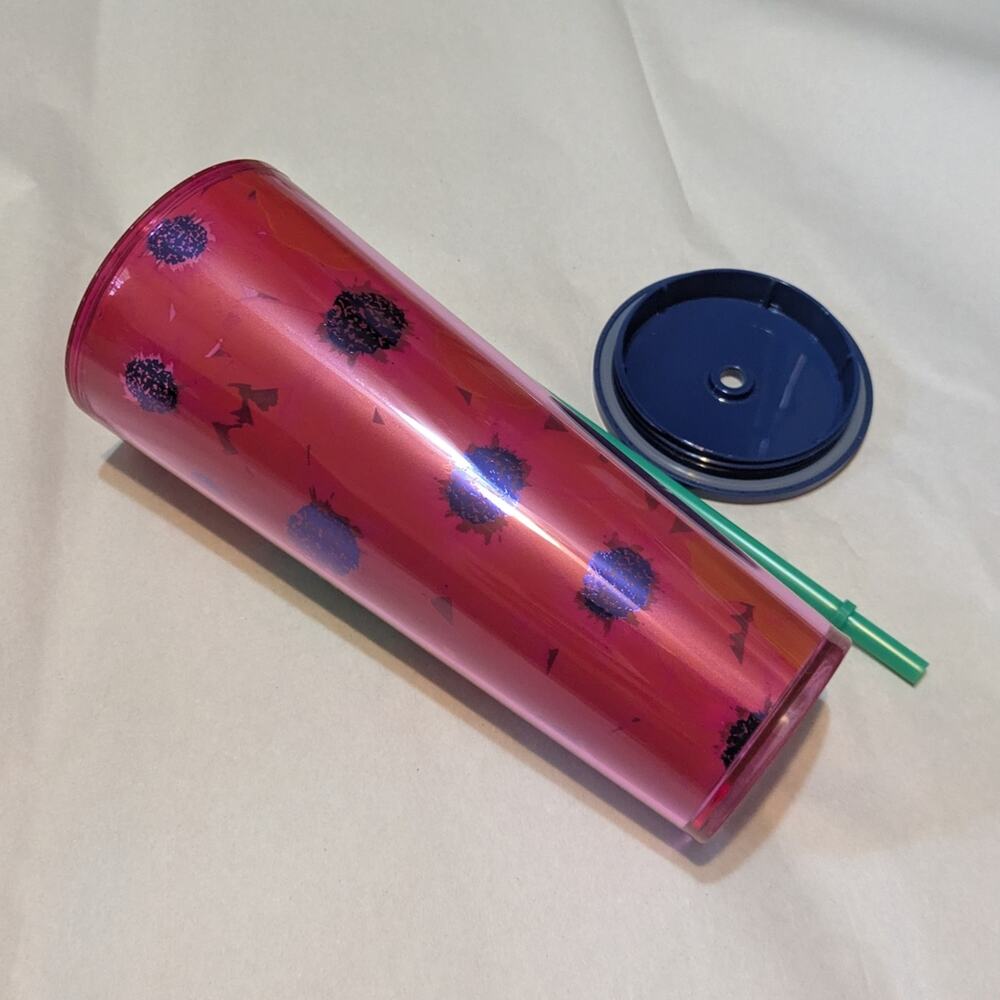 Starbucks Dancing Blooms Pink Floral Tumbler 24oz Blue Lid Green Straw NEW - Picture 5 of 7